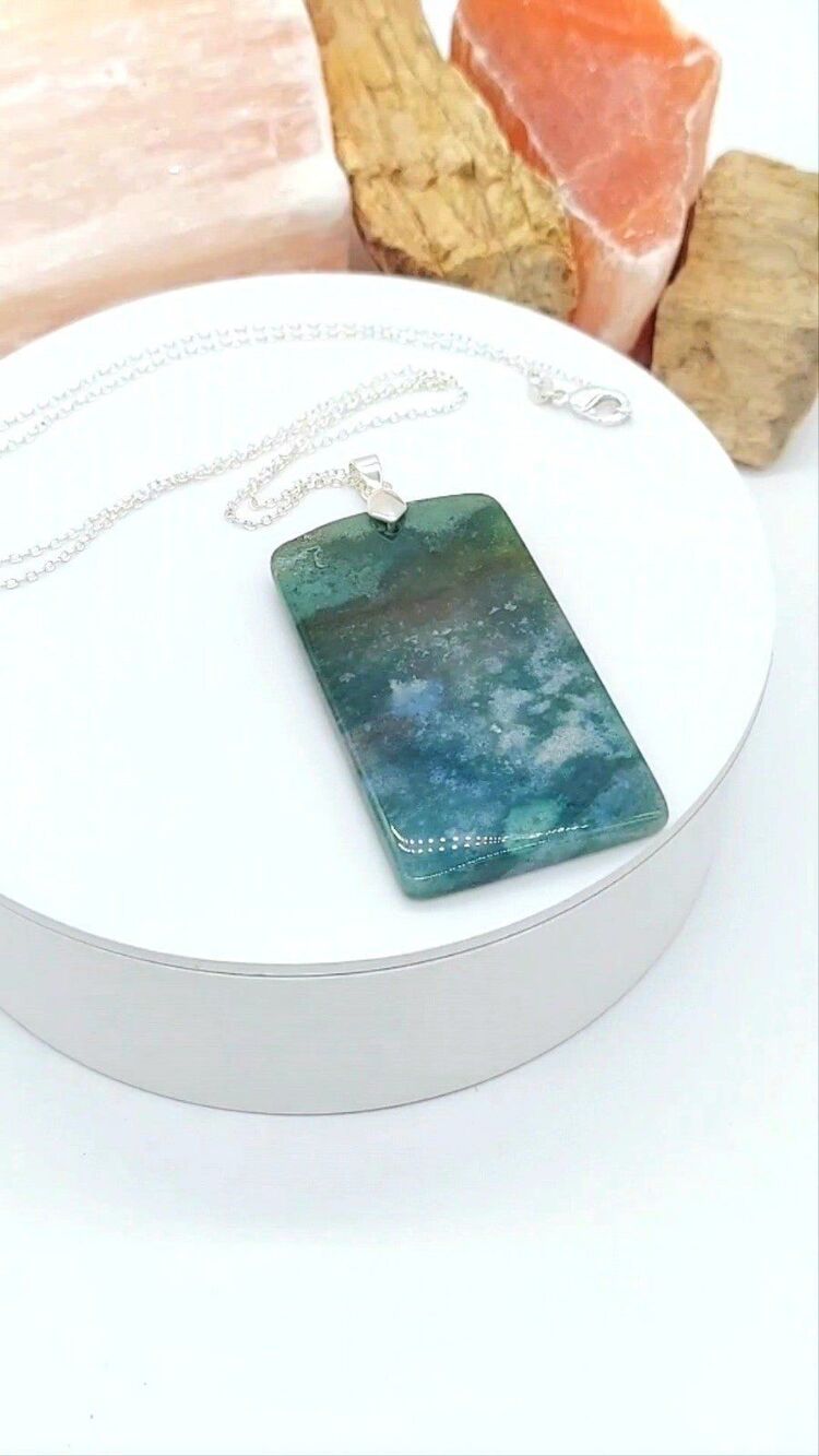 Large Moss Agate Necklace Natural Gemstone Statement Pendant - Picture 3 of 6